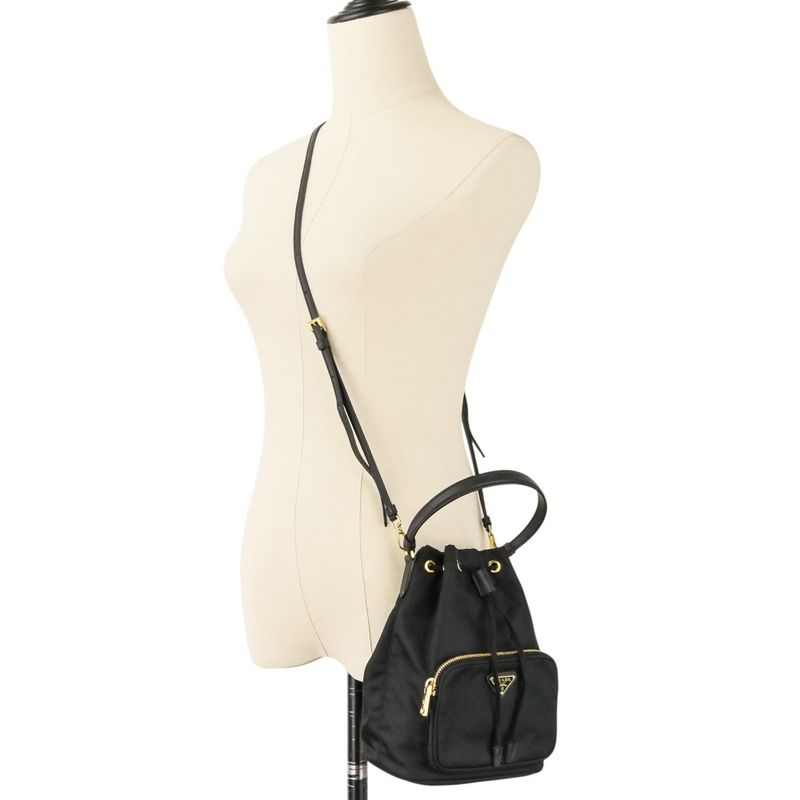 Prada Duet Drawstring Nylon Shoulder Bag Black