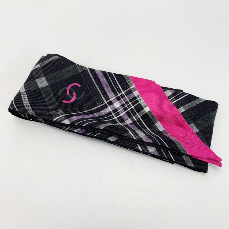 Chanel Headband Thin Scarf Twilly Black Pink Silk