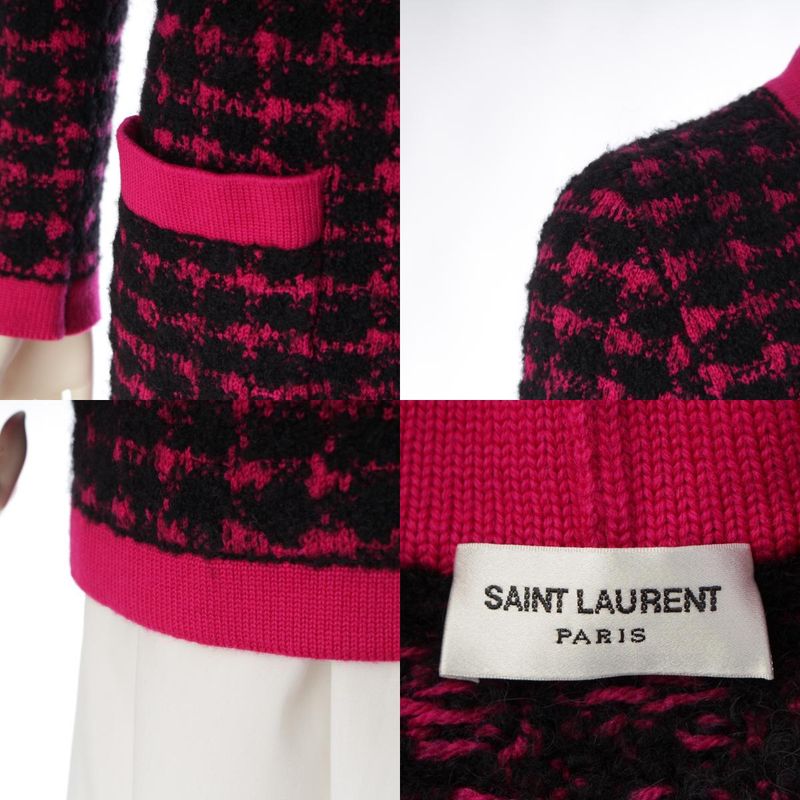 Saint Laurent Wool Alpaca Plaid Knit Cardigan Top Black Pink