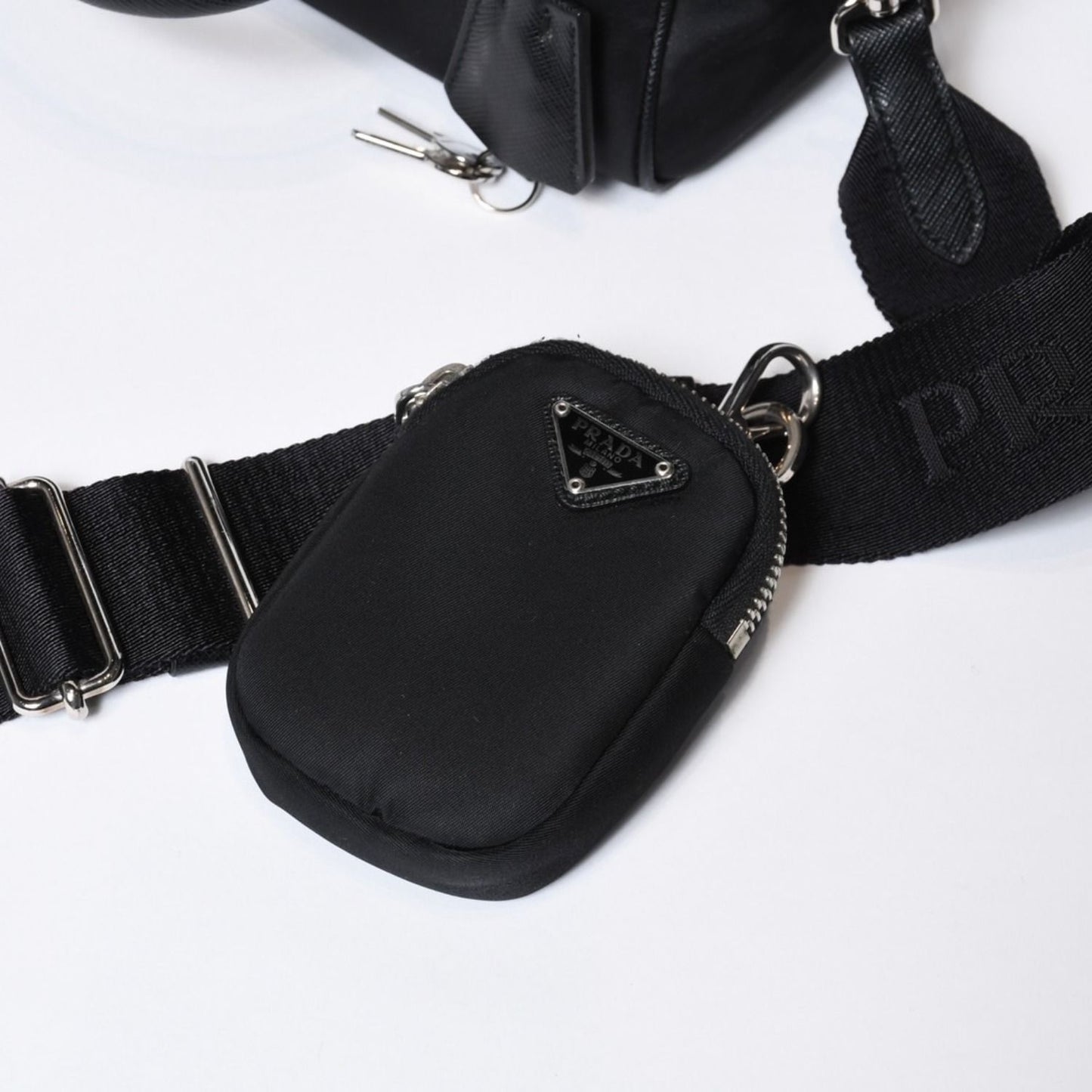 Prada Triangle Logo Shoulder Bag Black Leather Jacquard Silver — view 8