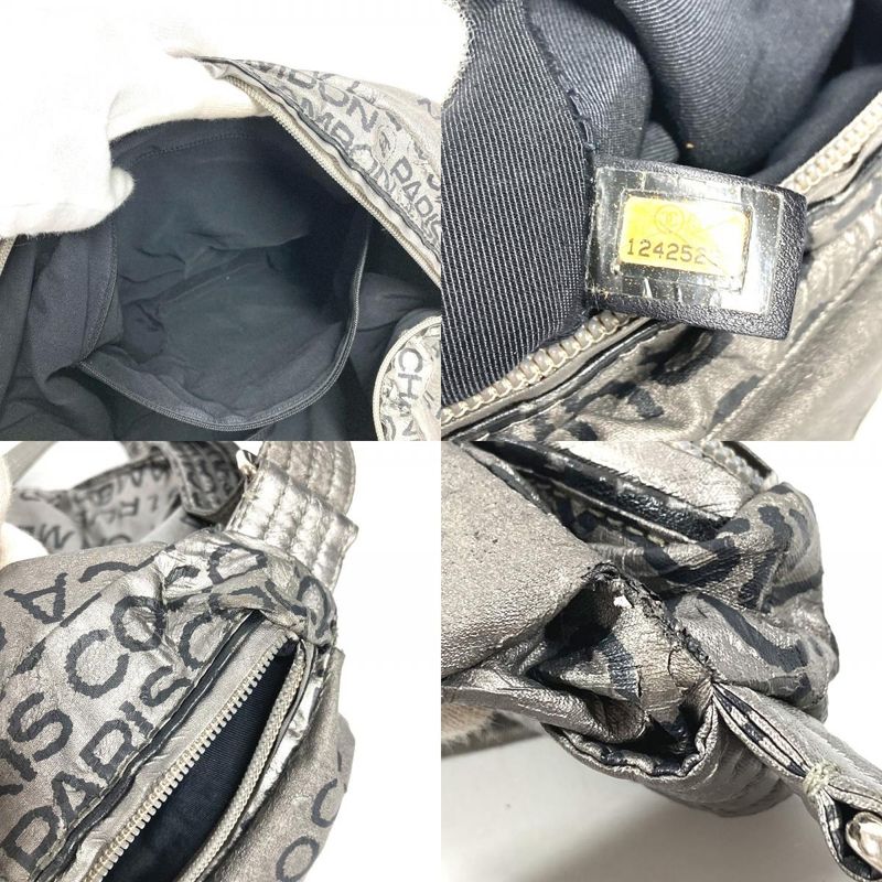 Chanel Shoulder Bag Logo Nylon Canvas Silver Black