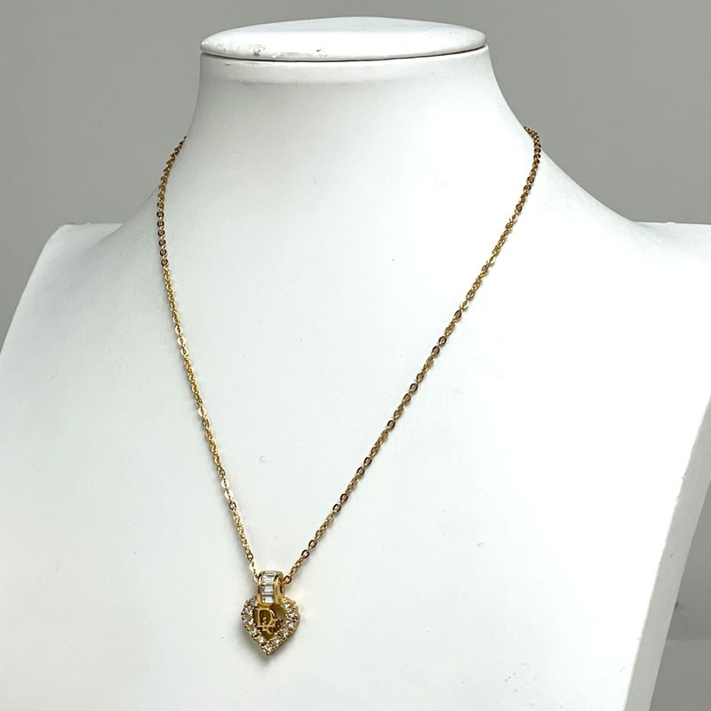 Dior Logo Rhinestone Necklace Gold Plated