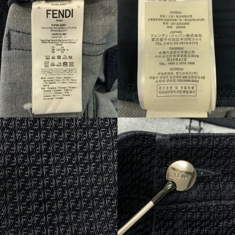 Fendi All Over Pattern Zucca Logo Leather Patch Velour Trousers Pants 36 Dark Navy