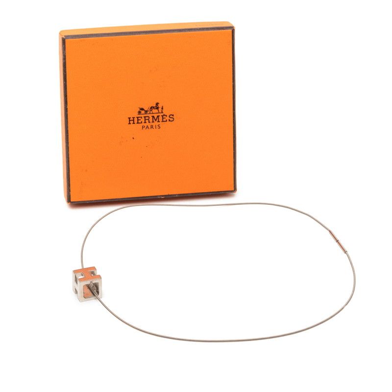 Hermes Cage de Ash Cube Silver Metal Necklace