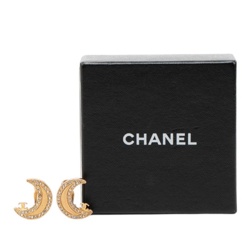Chanel CC Logo Crescent Moon Rhinestone Gold Plated Ring
