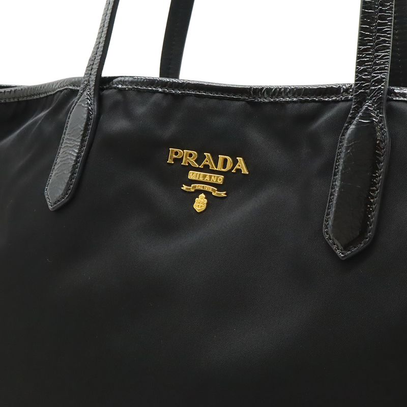 Prada Logo Tote Large Shoulder Bag Nylon Enamel Patent Nero