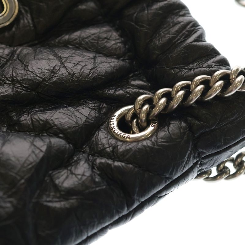Balenciaga BB Logo Crush Quilted Chain Shoulder Bag Black Calf Leather Silver