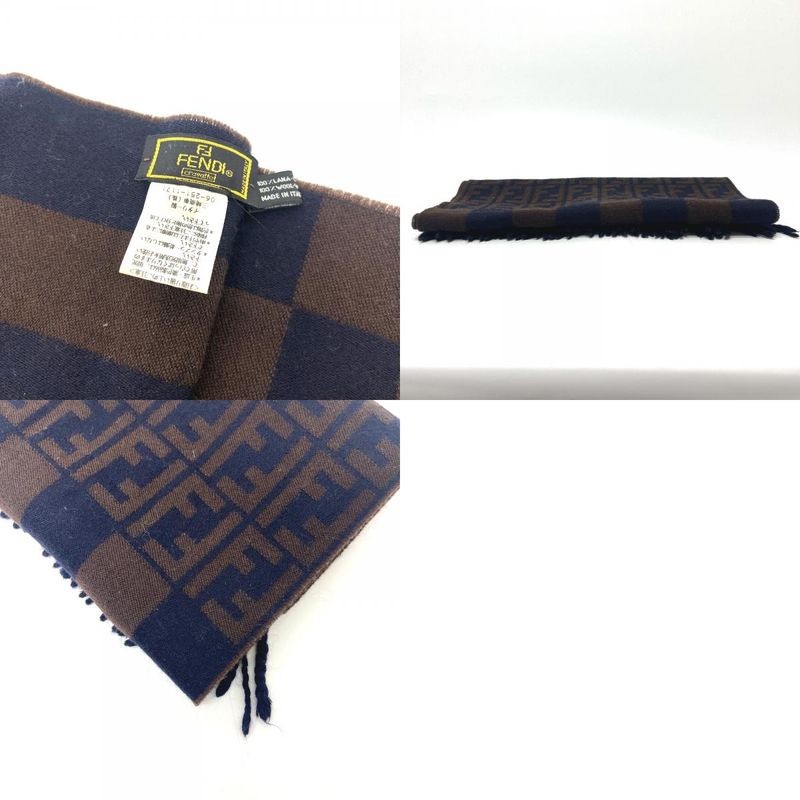 Fendi Scarf Zucca Pattern Pecan Wool Navy