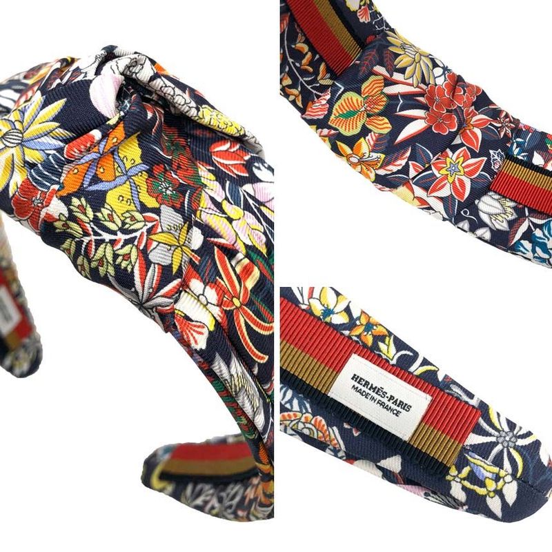 Hermes Flower Pattern Headband Knot Bloom Silk Navy Hair