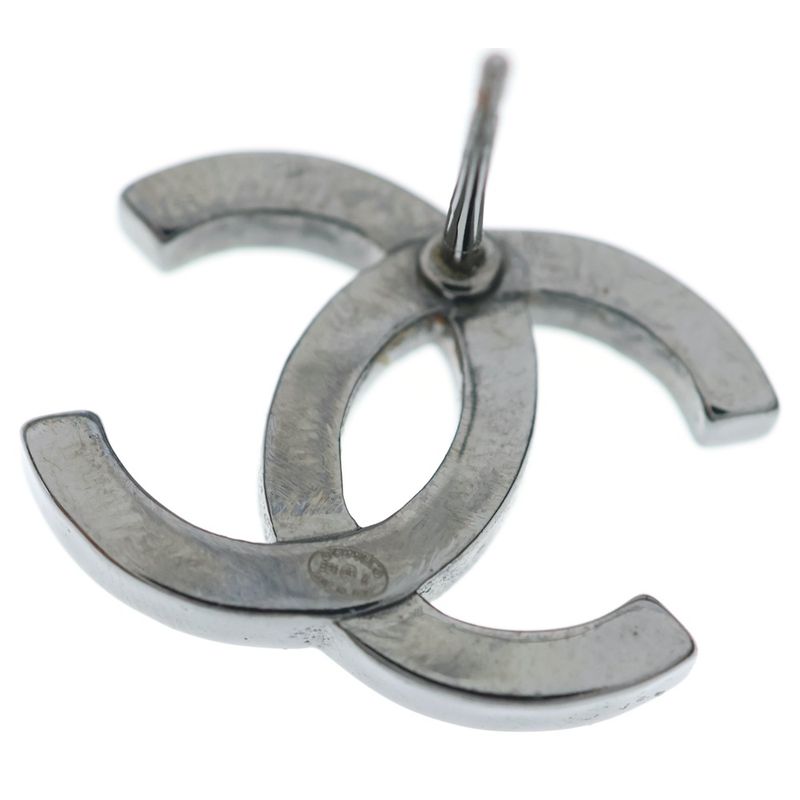 Chanel CC Logo Rhinestone Earrings Dark Silver Black