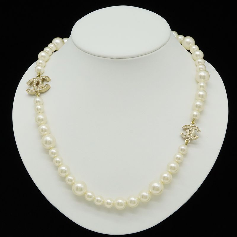 Chanel CC Logo Faux Pearl Long Necklace Pendant Rhinestone Cream Gold
