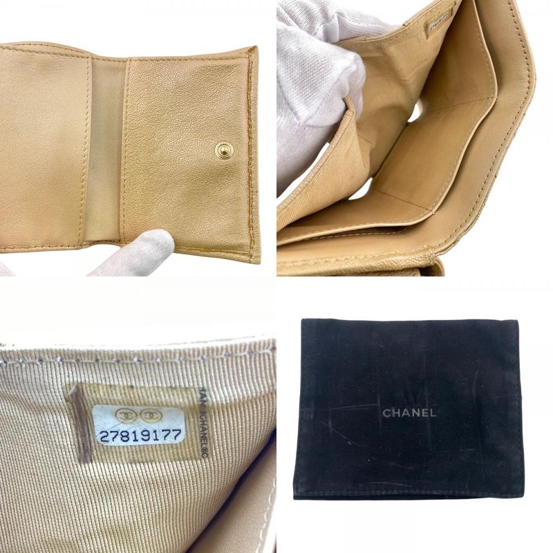 Chanel Compact Wallet Quilted Caviar Leather Trifold Beige