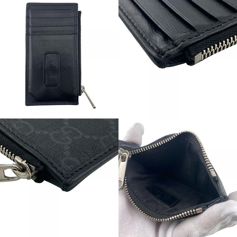 Gucci 2 Piece Set Long Billfold Fragment Case GG Supreme Leather Black Wallet