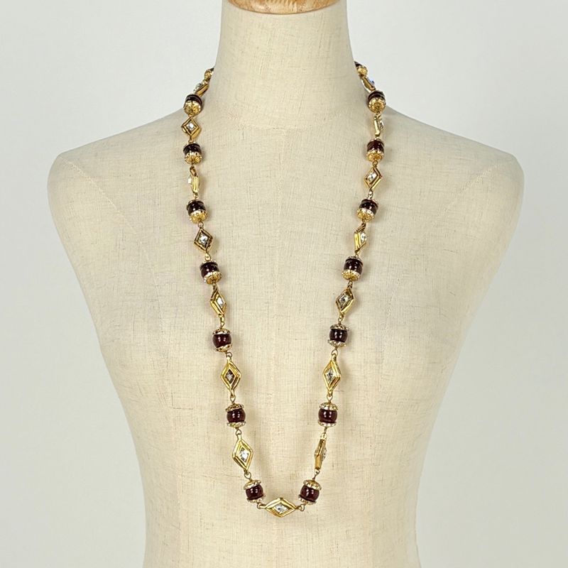 Chanel Rhinestone Necklace Long Gold Plated Brown