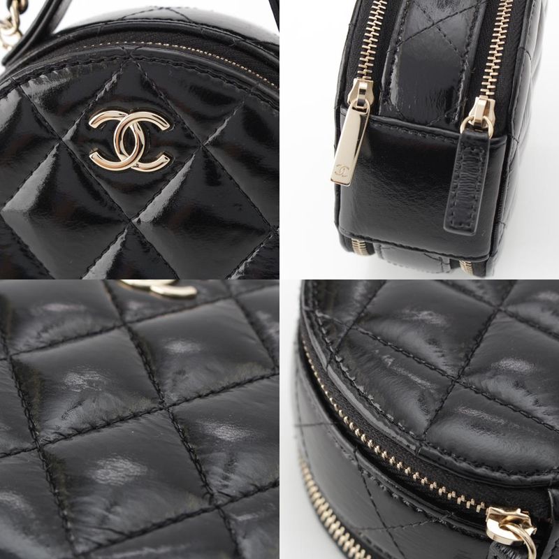 Chanel Shiny Lambskin Round Chain CC Logo Vanity Shoulder Bag Black