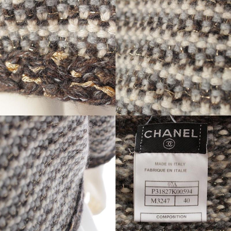 Chanel Cashmere Wool Knit Collarless Jacket Cardigan Brown 40