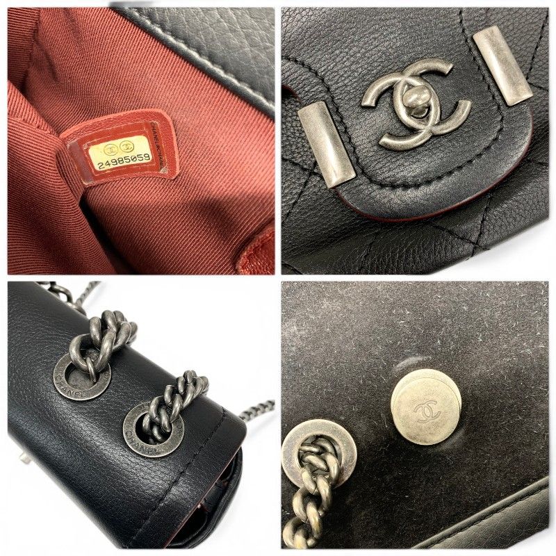Chanel Shoulder Bag Black Red Silver Axic CC Logo Quilted Turnlock Single Flap