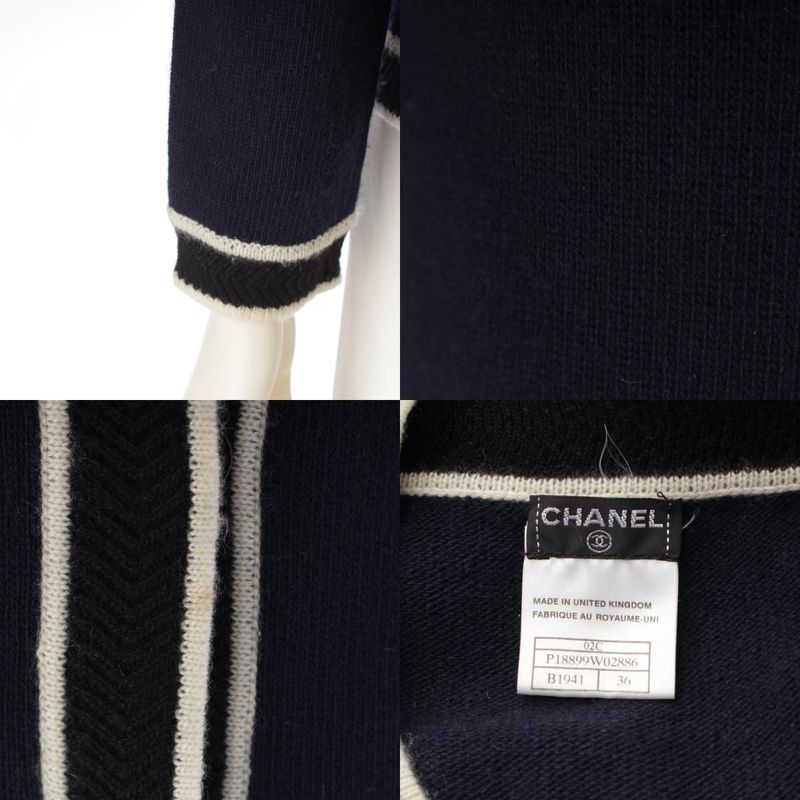 Chanel Cashmere Logo Plate Long Sleeve Knit Cardigan Navy 36