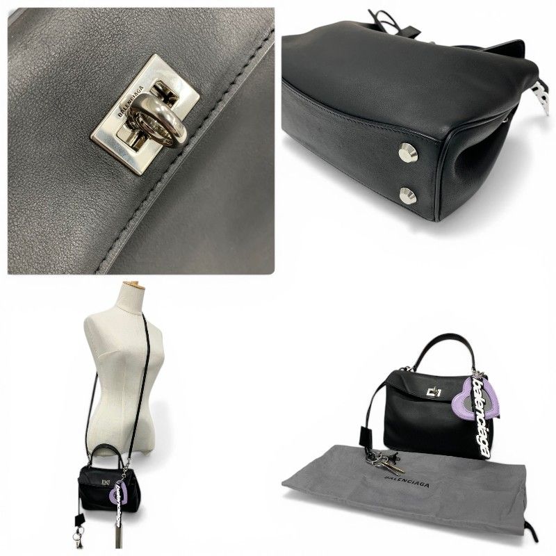 Balenciaga Handbag Black Silver Small Distressed Smooth Scarf Skin Charm 2-Way