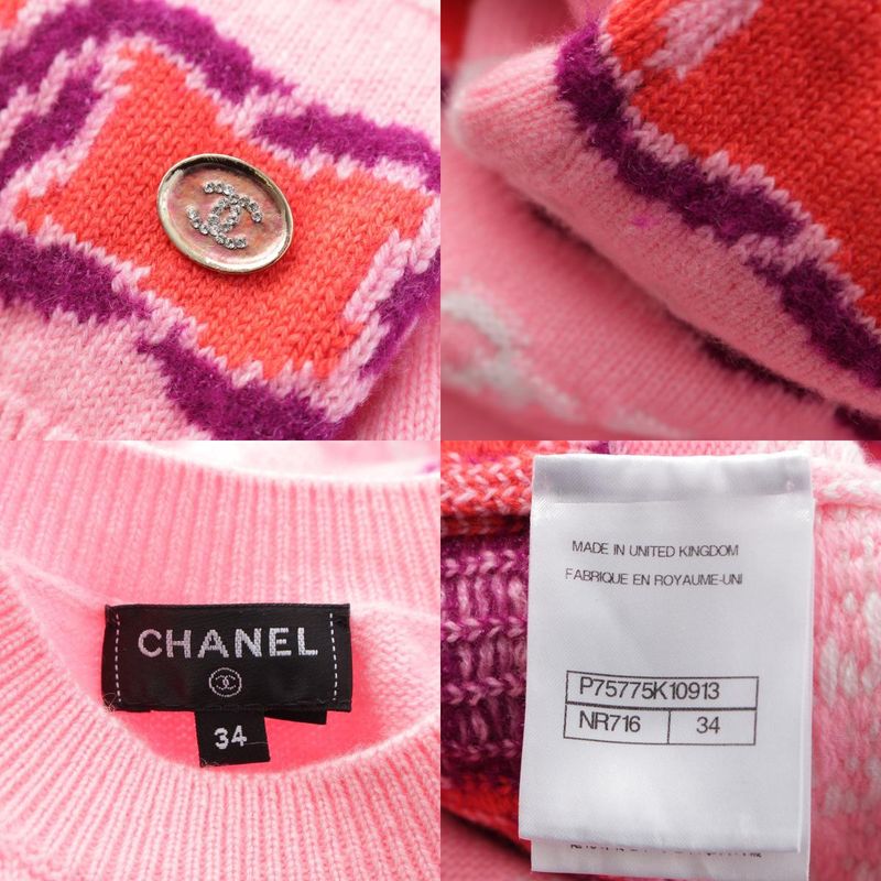 Chanel Cashmere CC Logo Cropped Long Sleeve Sweater Knit Top Pink 34