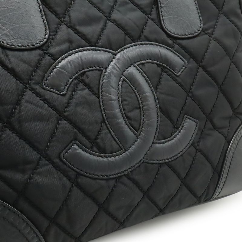 Chanel Paris New York Klein Quilted CC Logo Tote Shoulder Bag Nylon Canvas Black