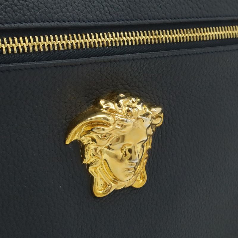 Versace Medusa Clutch Zip Pouch Leather Navy Black Gold