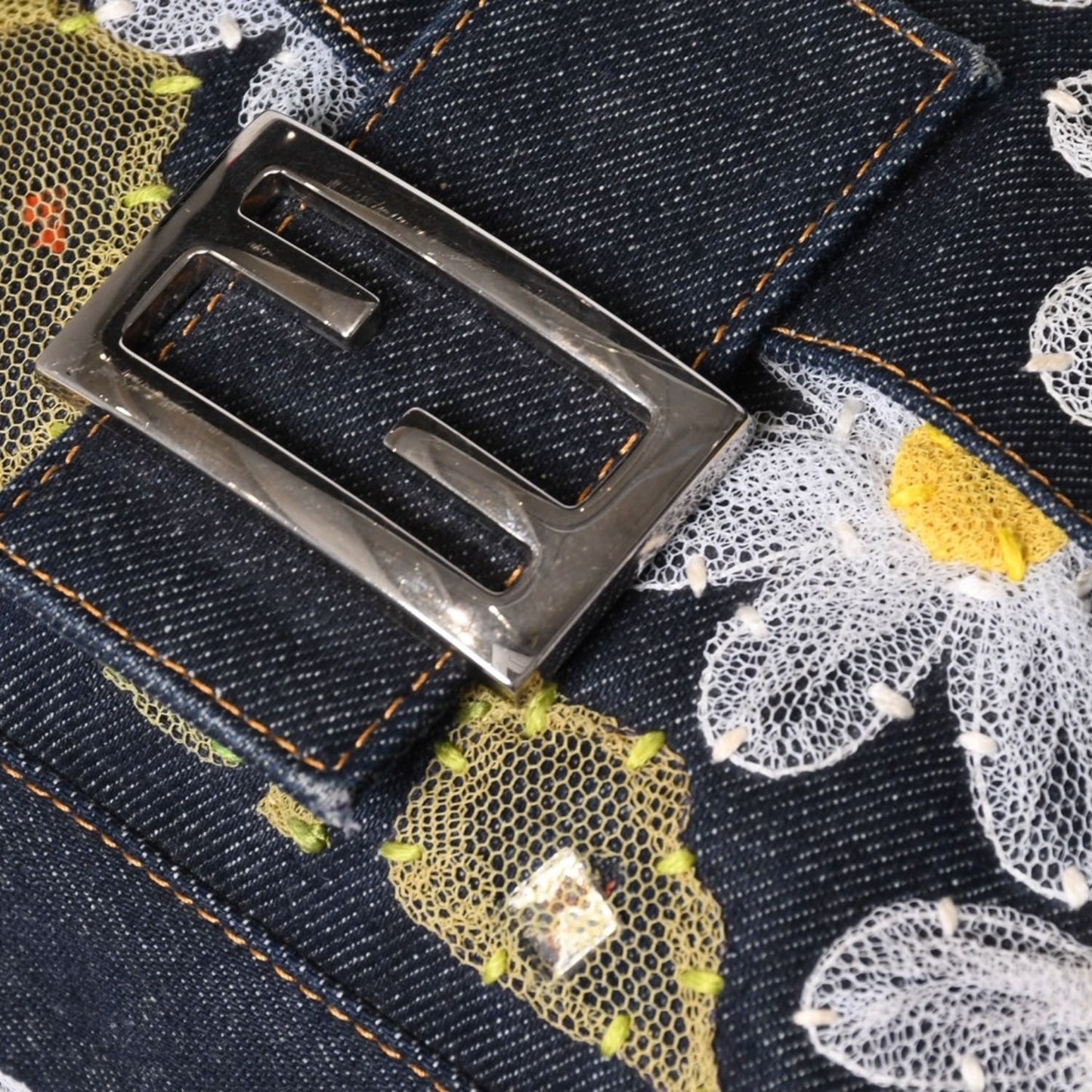 Fendi Flower Denim Mamma Baguette Embroidery Navy Silver — view 8
