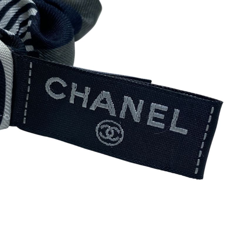 Chanel Scrunchie Hair Tie Geometric Pattern Silk Black White Gray Luxury