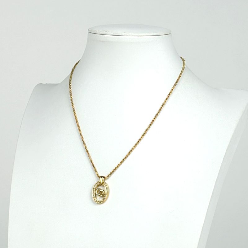 Dior Logo Rhinestone Necklace CD Oval Gold Plated