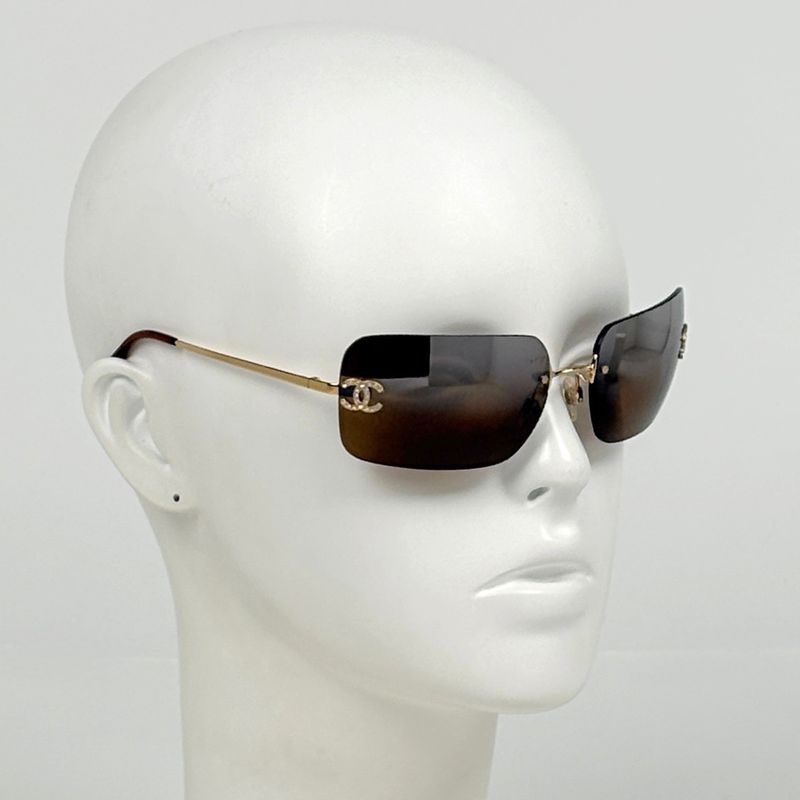 Chanel CC Logo Rhinestone Sunglasses Rimless Metal Gold Brown Eyewear