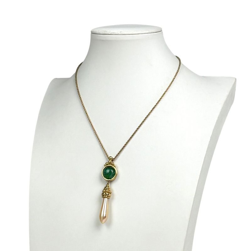 Dior Faux Pearl Necklace Color Stone Gold Plated Green