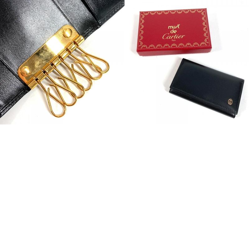 Cartier Key Case Pasha Logo Leather Black Key Holder