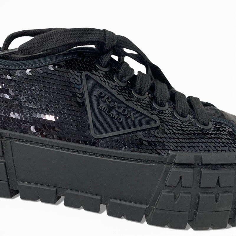 Prada Sneakers Shoes Sequins Black Logo Double Wheels