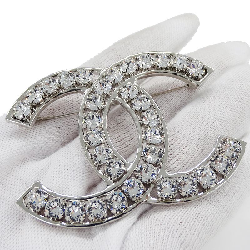 Chanel Brooch Metal Line Stone CC Logo Silver Large Glitter