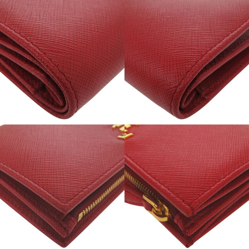 Prada Triangle Logo Gold Saffiano Leather Foco Red Fuoco Bifold Wallet