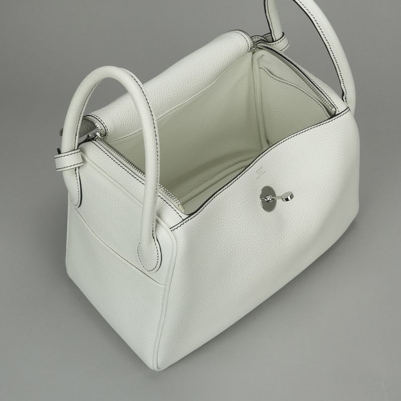Hermes Lindy 30 Tote Shoulder Bag Taurillon Clemence White Silver 2-Way