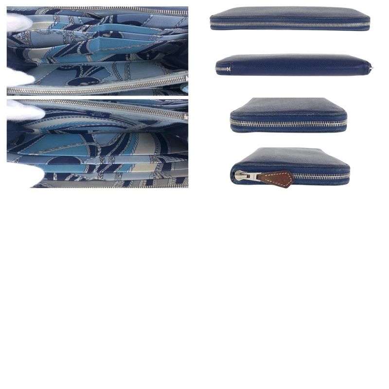 Hermes Azap Long Silk in Blue Indigo Navy Silver Veau Zip Around Wallet