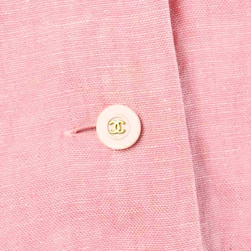 Chanel Vintage Jacket Linen Hemp Open Collar CC Logo Button 42 Pink MW