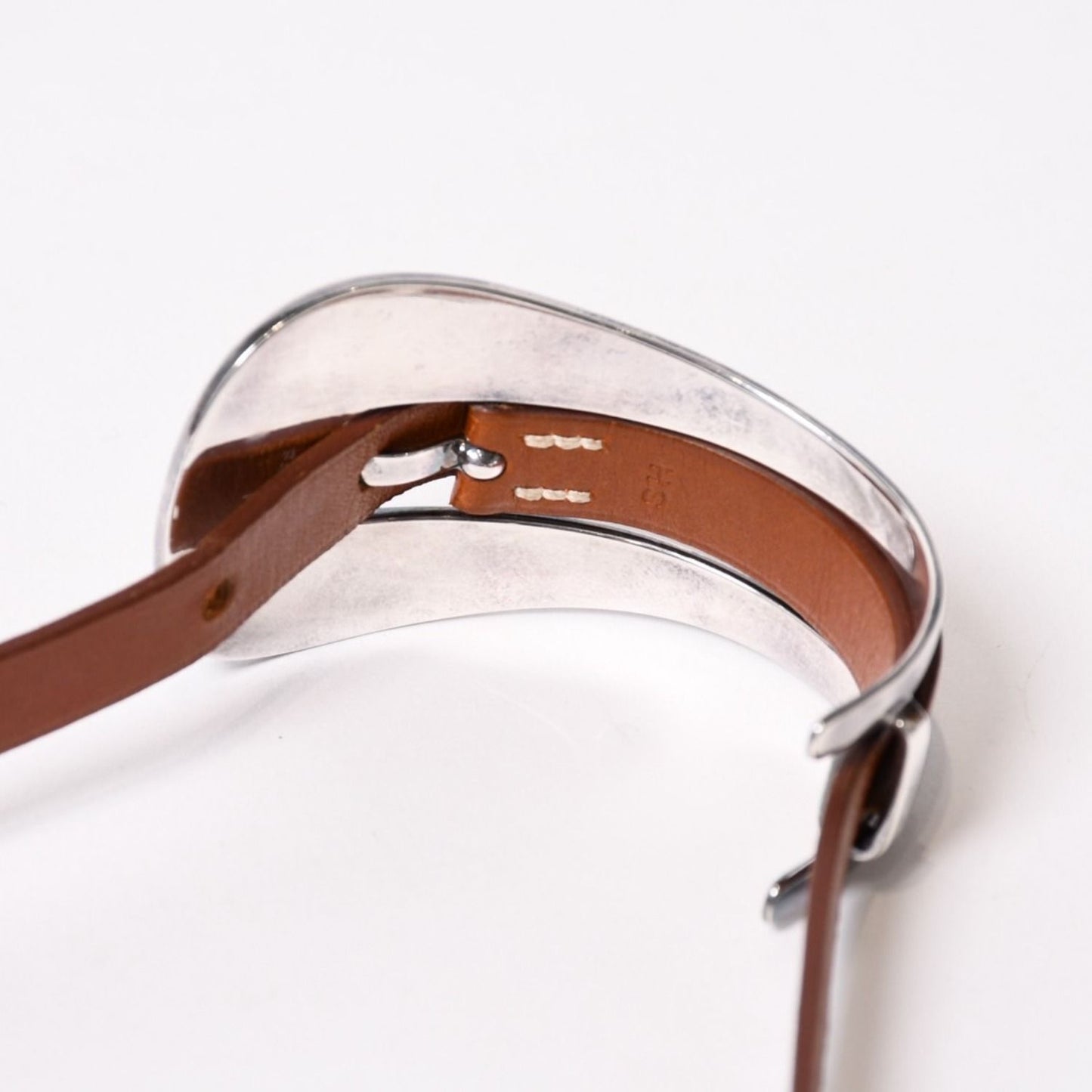 Hermes Belt Motif Leather Bracelet Brown 925 Sterling Silver — view 8
