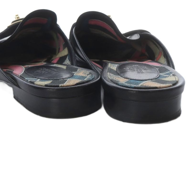 Hermes OZ Kelly Buckle Sandals Low Heel Leather 37.5 Black