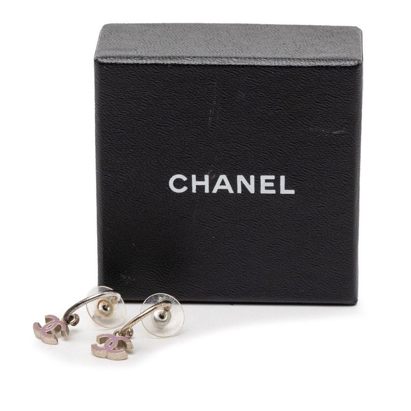 Chanel CC Logo Earrings Silver Pink Metal