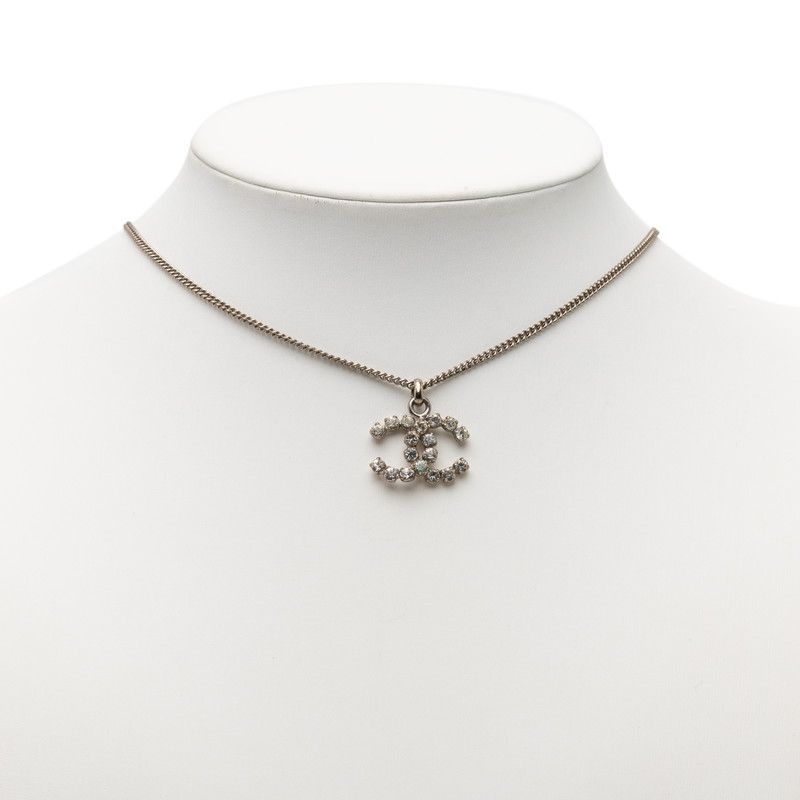 Chanel CC Logo Necklace Silver Metal Line Stone