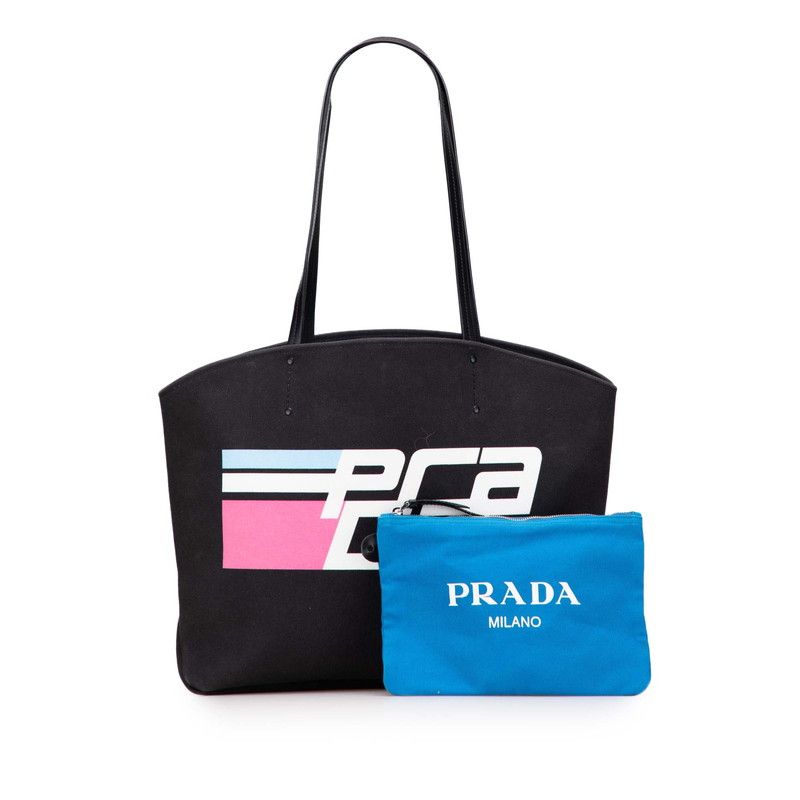 Prada Logo Tote Shoulder Bag Black Canvas Leather