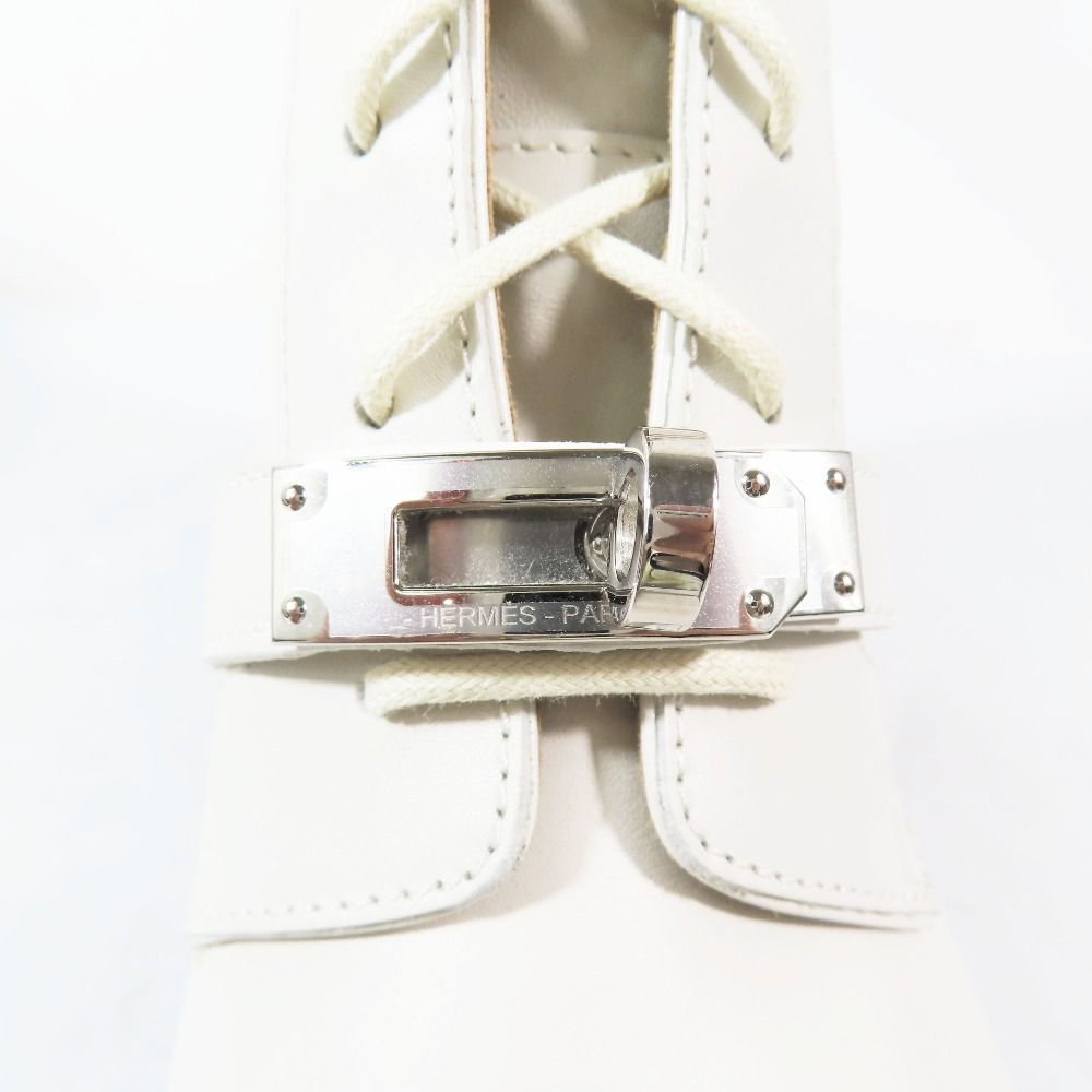 Hermes Funk Kelly Buckle Leather Short Boots Lace Up Shoes White