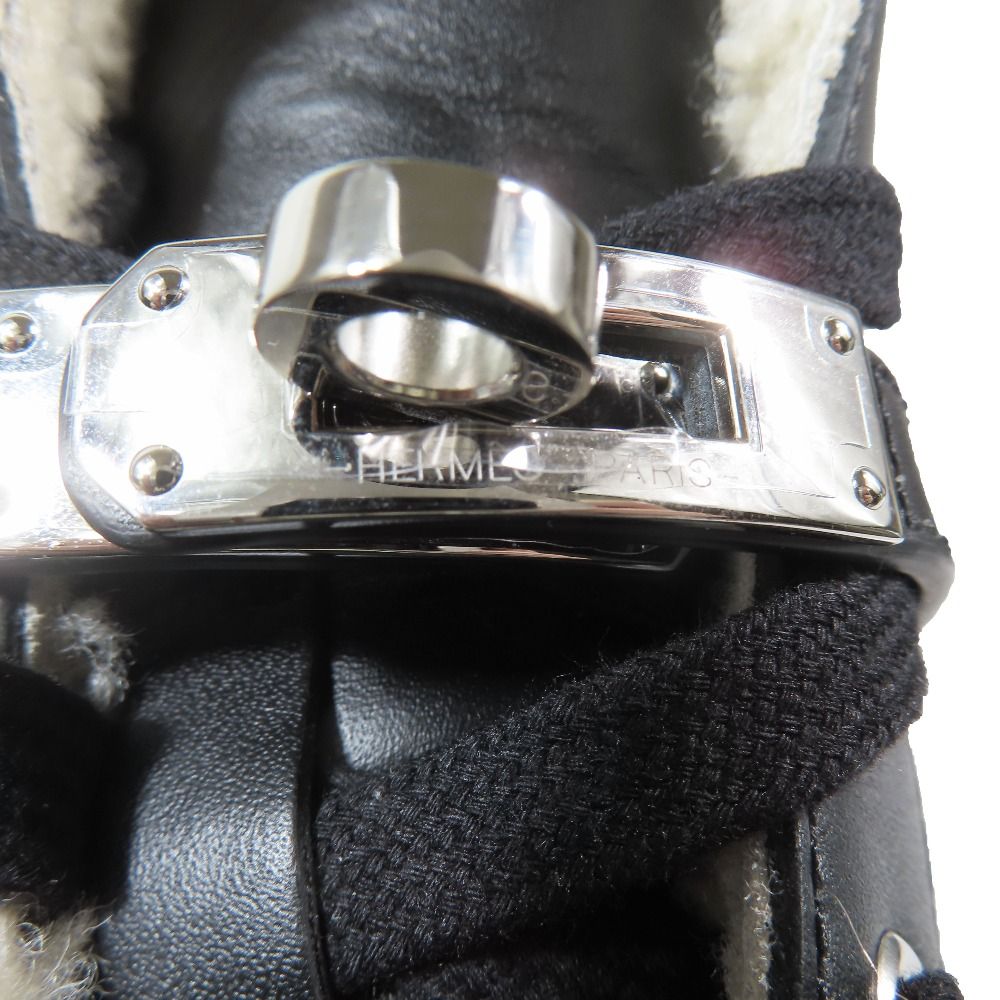 Hermes Day Kelly Buckle Silver Shearling Leather Short Boots Shoes Black
