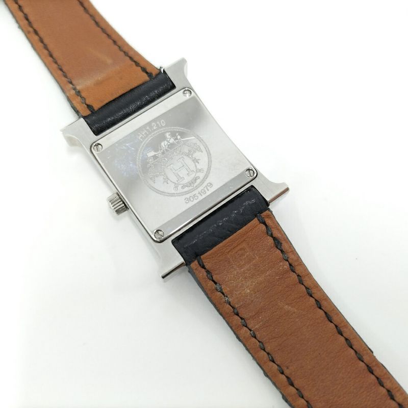 Hermes Watch Quartz SS Leather Silver Black Gray Dial