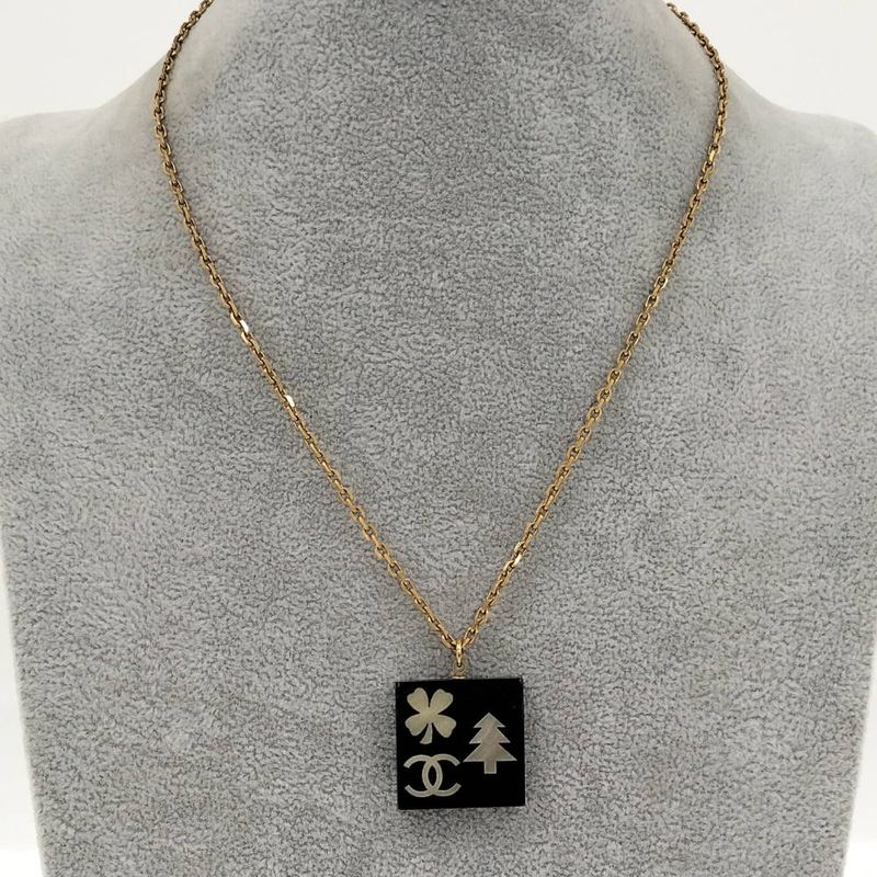 Chanel Necklace Square Plate CC Logo Black Gold Plated