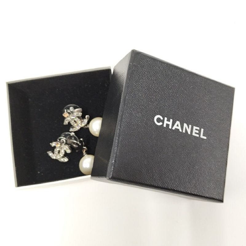 Chanel CC Logo Line Stone Earrings Plated Silver
