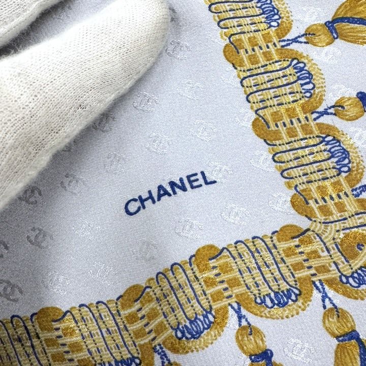 Chanel Scarf Fringe Pattern Silk Gray