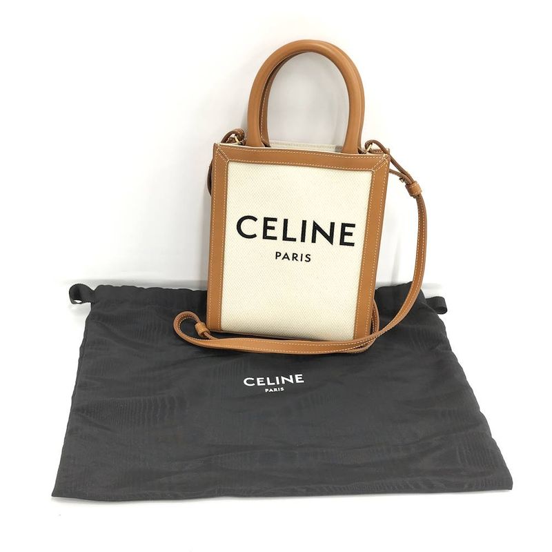 Celine Vertical Cover Mini 2-Way Shoulder Bag Canvas Leather Ivory